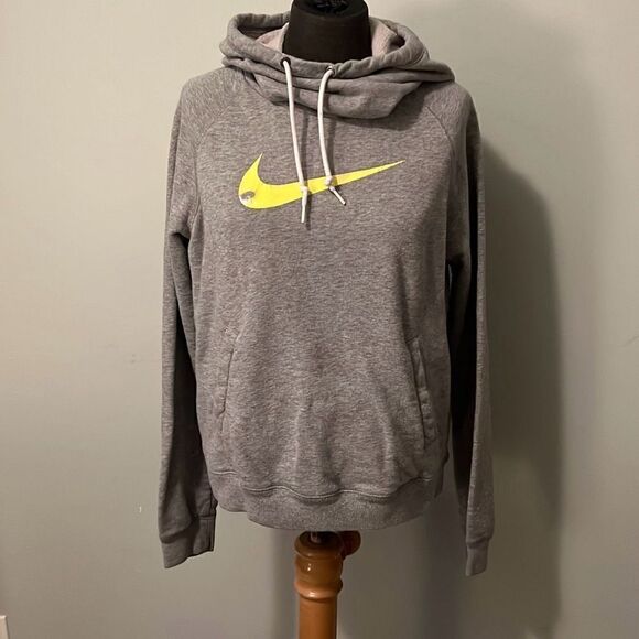 Nike Women's Gray Yellow Logo Kangaroo Pocket Pullover Hoodie Size Medium - Picture 1 of 9